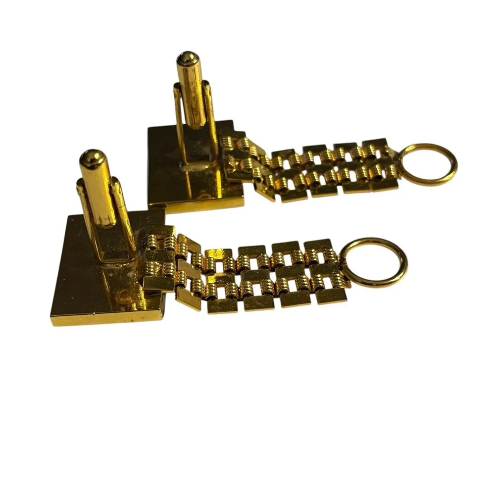 Vintage Cufflinks Black Lucite Wrap Around Gold‎ Tone Watch Band Style Chain